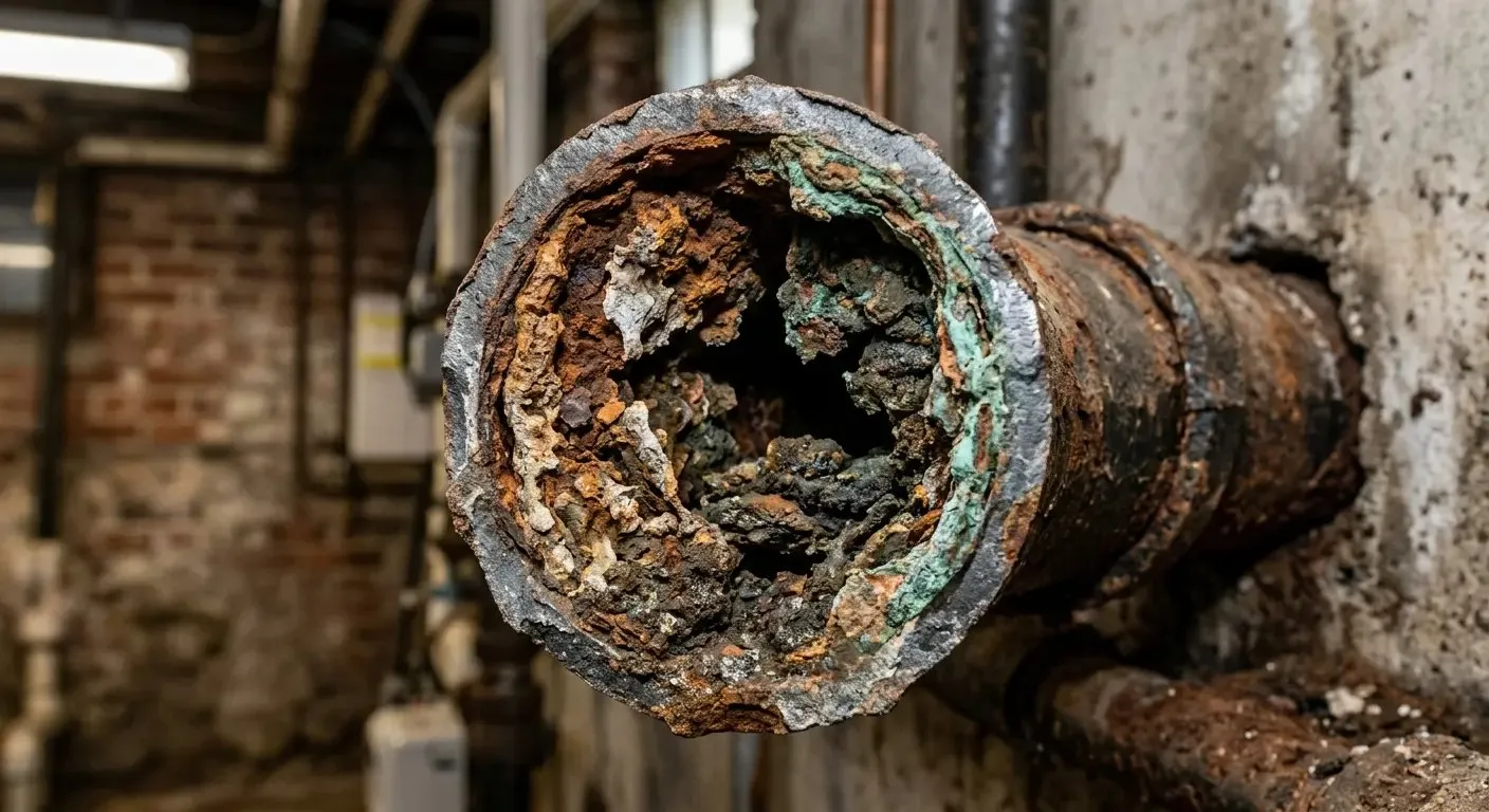 Corroded rusted water pipes with mineral buildup