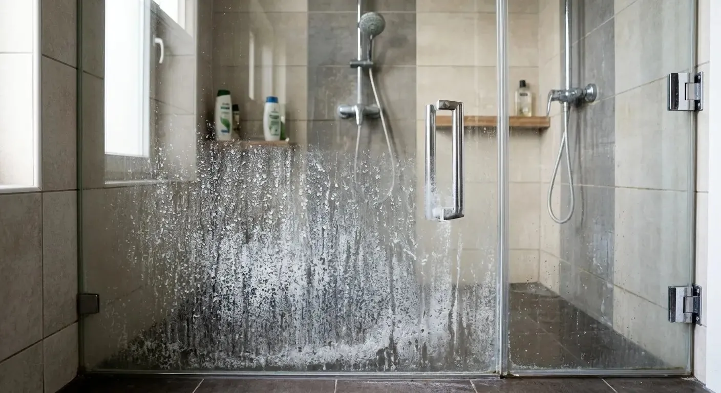 Shower door with chalky white mineral buildup