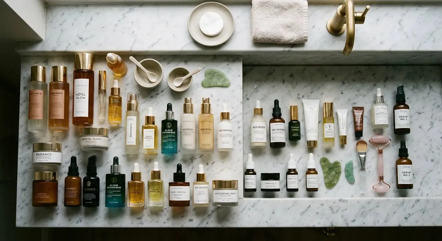 Array of skincare products with red X stamps