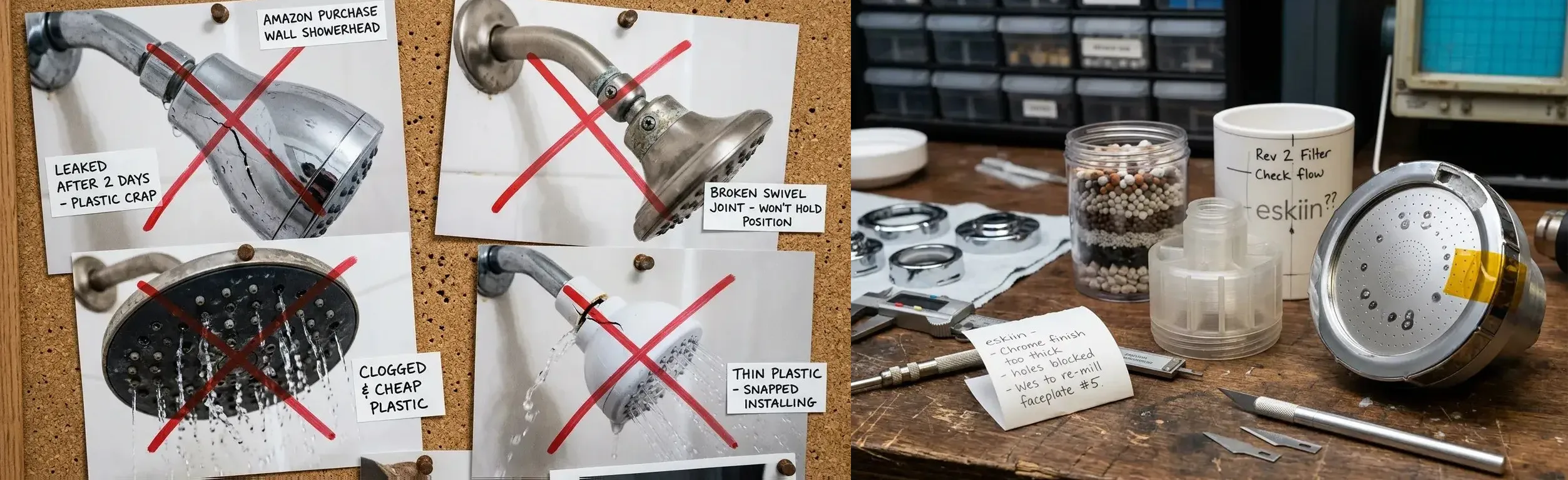 Early prototypes and filter materials on work table